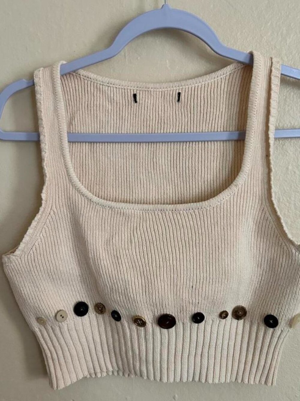 Cream ribbed knit crop top with button detail